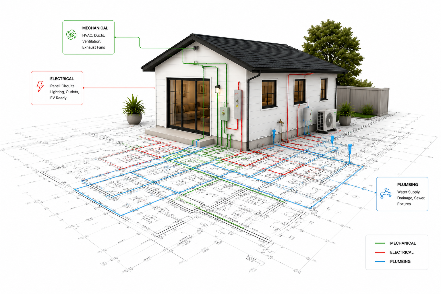 3D rendering of a California home and ADU with coordinated Mechanical, Electrical, and Plumbing plans overlaid on architectural drawings